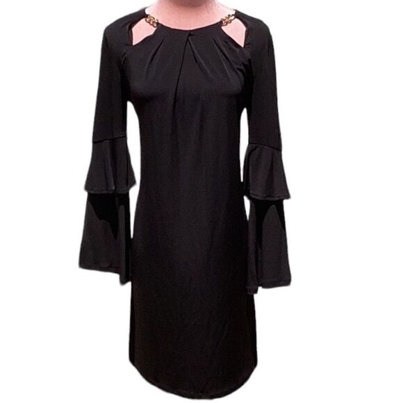 MICHAEL KORS NWT XS BLACK SHIFT DRESS DOUBLE BELL SLEEVES CHAIN DETAIL - Picture 8 of 13